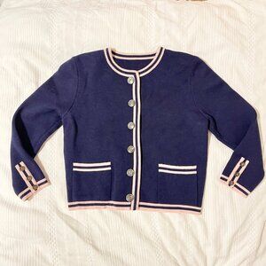 Vintage Preppy Contrast Knit Cardigan Jacket Navy Pink - M